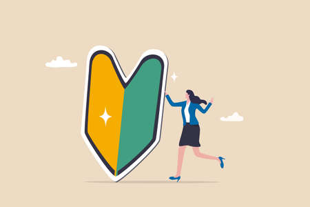 Beginner, newbie or new hire employee, start new career or job, newcomer or new graduate concept, cheerful cute young businesswoman female pose with big beginner mark.のイラスト素材