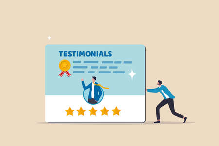 Testimonials client review, customer praise or opinion or feedback giving 5 stars rating, message or positive comment, quality service concept, businessman pushing testimonial card with good reviews.のイラスト素材