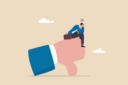 Demotivation from failure, mistake or negative feedback, no passion or burnout from exhausted work, mental breakdown or depression concept, sad stressed businessman sit on negative thumb down symbol.のイラスト素材