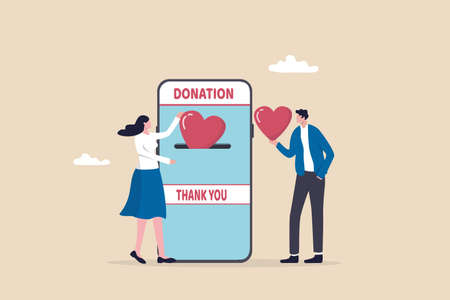 Charity donation, donate online with care to help and support people, giving money or volunteer, mobile social app to help other people concept, man and woman put heart shape into mobile donation app.のイラスト素材