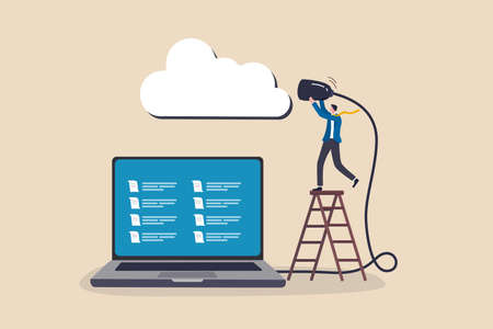 Connect to cloud computing, technology to share secured file and communicate with team while working remotely, upload and download files concept, businessman connect network line with cloud computing.のイラスト素材