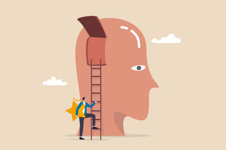 Brand recognition, marketing idea to launch ads and advertising, commercial trademark or brand loyalty, consumer recognize brand, businessman holding star climb up ladder to put into consumer brain.のイラスト素材