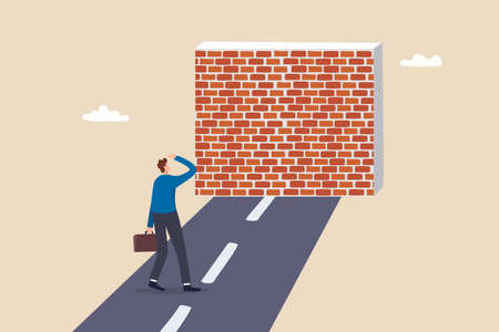 Business barrier, obstacle or difficulty, road block or career struggle, trouble or problem to be solved, prohibited or dead end concept, confused businessman walk on the road to brick wall barrier.のイラスト素材