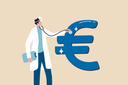 Financial analyst to check for Europe economy, debt or currency, investment analysis or analyze expense and cost concept, smart doctor with stethoscope to listen and analyze Euro money symbol.のイラスト素材
