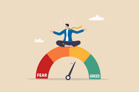 Market sentiment, fear and greed index, emotional on stock market or crypto currency trading indicator, investment risk psychology concept, businessman investor meditating on market sentiment gauge.のイラスト素材
