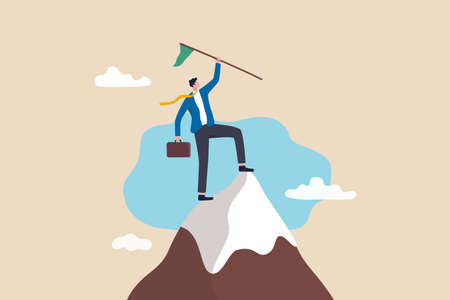 Business pioneer, conqueror be the first to explore success opportunity, achievement or new market segment, exploration concept, confidence businessman holding winner flag on top of mountain peak.のイラスト素材