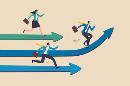 Taking initiative be first to try different way and discover new opportunity, creative way to success and win competition, leadership skill concept, businessman taking initiative run in different way.のイラスト素材