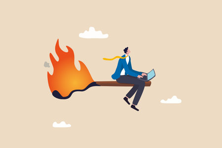 Burnout from overworked or pressure to finish within deadline, frustration or exhausted worker, despair employee or trouble concept, desperate businessman working with laptop on burning matchstick.のイラスト素材