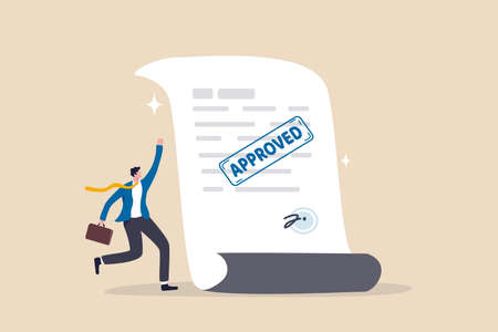 Document approved, business paperwork approval with rubber stamp and signature sign, request accept or legal certified document concept, happy businessman with document paperwork with approved stamp.のイラスト素材
