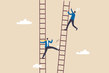 Jealous colleague or coworker envy for other being better or promoted, loser cheating competition or office politic dirty and dishonesty concept, businessman loser kick winner ladder to make him fall.のイラスト素材