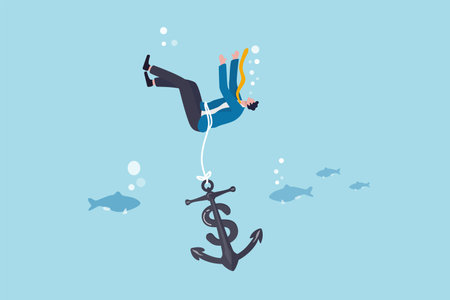 Sunk cost investment problem, cost that already been incurred and effect investing decision, psychology or money loss aversion concept, businessman investor drowning with sinking dollar money anchor.のイラスト素材