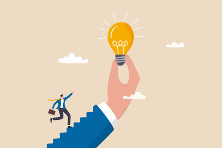 Inspiration idea to inspire or motivate people to success, business innovation or creativity, solution or invention concept, businessman step on stair of big hand holding inspiring bright lightbulb.のイラスト素材