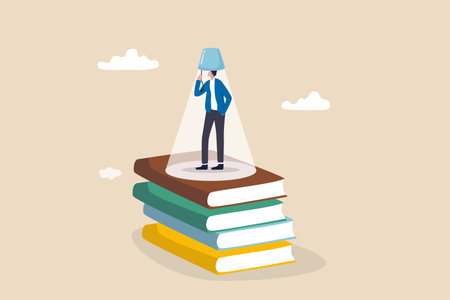 Knowledge is power, education or wisdom help solving problem, creativity, intelligence and innovation to develop solution concept, educated man stand on books staking turn on light bulb on his head.のイラスト素材