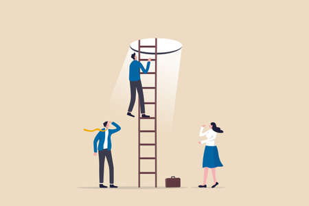 Hopefulness motivation to solve problem, challenge to overcome difficulty or courage to escape for freedom, hope to overcome fear concept, businessman climb up ladder to light shining way out.のイラスト素材