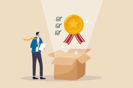 Quality Control, QC to check quality and giving certified or approval, process to assure excellence product and service delivery, guarantee concept, businessman check quality with passed checklist.のイラスト素材