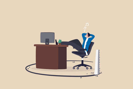 Toxic office, jealousy colleagues, office abuse or bullying, betrayal or threats, failure comfort zone or work problem concept, businessman getting chill on his desk being sawing floor broken down.のイラスト素材
