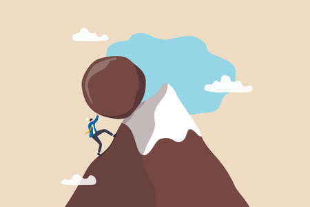 Hard work like pushing boulder uphill, burden or obstacle, business difficulty, struggle, challenge to success, motivation or persistence concept, businessman pushing boulder uphill to mountain peak.のイラスト素材
