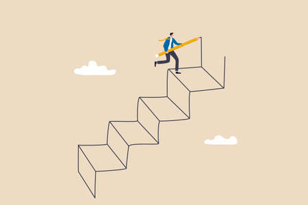 Ambition to progress and achieve goal, growing business or improvement, motivation to develop path or stair to success concept, smart businessman using pencil to draw big stair to climb up to success.のイラスト素材