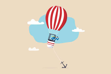Problem or trouble to prevent business to grow up, mistake or failure, obstacle or error to make business fail, frustrated businessman look at heavy tied anchor to prevent his balloon to flying up.のイラスト素材