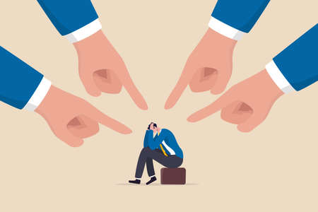 Toxic work, abuse or bullying colleagues, bad culture make exhausted depressed employee, fear of failure and responsibility, giant boss hands pointing and blaming at depressed businessman employee.のイラスト素材