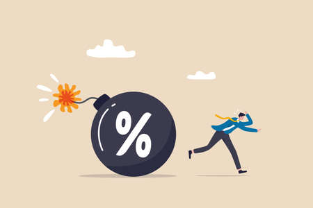 Inflation or interest rate causing economic recession, tax or loan payment trouble, stock market and crypto currency crisis concept, businessman investor running from exploding percentage bomb.のイラスト素材