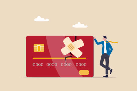 Credit repair, process to fixing poor credit standing, recover from financial mistake or negotiate with lender concept, confidence businessman stand with fixed and repaired credit card with bandage.のイラスト素材