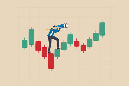 Investment forecast or prediction, vision to see investing opportunity, future profit from stock and crypto trading concept, businessman investor look on spyglass on trading candlestick chart.のイラスト素材