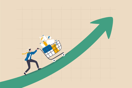 Inflation causing grocery price rising up, more expense, cost and spending, economic crisis or consumer price rising up concept, businessman push shopping cart trolley up rising price graph.のイラスト素材