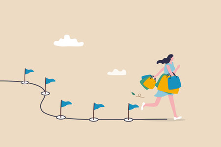 Customer journey, advertising and marketing analysis from search until purchasing or buy, consumer or user experience concept, happy woman shopper walking with purchased shopping bags on the journey.のイラスト素材