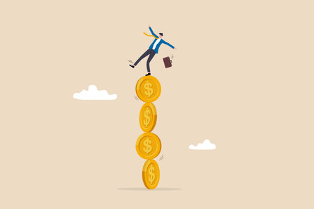 Financial instability, uncertainty or unstable investment market, risky situation or economic recession, crisis or bankruptcy concept, businessman investor falling from stack of unstable money coins.のイラスト素材