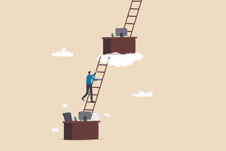 Career path or job promote, occupation or ladder of success, growth step or progress to achieve goal, challenge and ambition concept, businessman climb up ladder from his working desk to higher level.のイラスト素材
