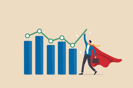 Increase investment profit, sales or company revenue, growing business or profit growth, help and support to improve performance, solution concept, businessman superhero help pushing graph rising up.のイラスト素材