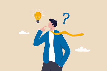 Solution to solve problem, asking question and answer, discover idea, solving business difficulty concept, thoughtful businessman think of solution to solve problem with lightbulb and question mark.のイラスト素材