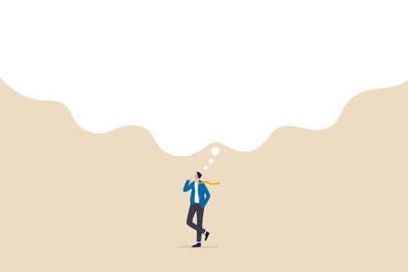 Think big, ambition to success, dream big to change the world or contemplation to get solution to solve big problem, imagination or creativity concept, smart businessman thinking with big bubble.のイラスト素材