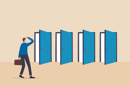 Choosing choices, make decision for career opportunity, alternative pathway, decide for new job or select important chance, right or wrong decision concept, businessman think to choose the right door.のイラスト素材