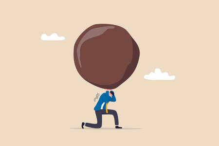 Work responsibility, pressure or problem, debt burden or difficulty challenge, struggle, or overworked, effort or punishment concept, tired businessman carry heavy weight rock boulder in atlas pose.のイラスト素材