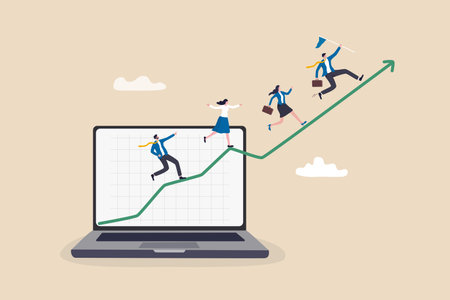 Business growth, improvement or growing, financial success or investment increase, strategy or plan to success, ambition concept, business people running from growing graph from computer laptop.のイラスト素材