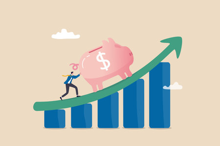 Saving or investment profit, compound interest graph or wealth incremental, investment earning from stock market or mutual fund concept, rich businessman push big piggy bank up rising graph and chart.のイラスト素材