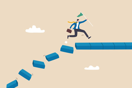 Survive and success in crisis, taking risk to thrive and succeed, courage or confidence to achieve target, effort to overcome challenge concept, businessman jumping on collapse bridge to reach target.のイラスト素材