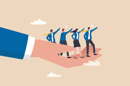 Company culture or employees sharing the same value, goals and attitude to make up organization and corporate success concept, business people employees pointing to the same goal in company hand.のイラスト素材