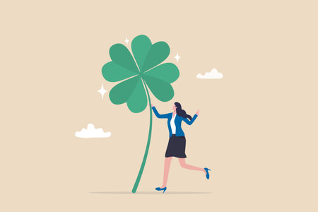 Luck for success, blessing for work opportunity, fortune or chance, good luck or happiness concept, lucky businesswoman with crossed finger gesture holding lucky clover leaf.のイラスト素材