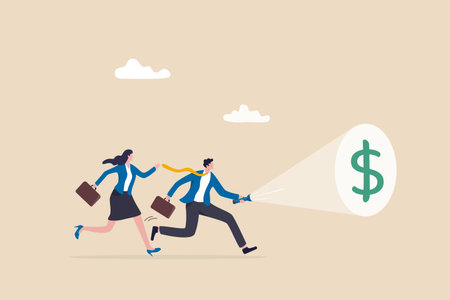 Investment opportunity, financial advisor or money planning, discover growth saving fund or make profit from stock market concept, businessman advisor holding flashlight finding dollar money sign.のイラスト素材