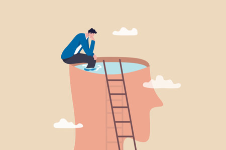 Psychology, mindset or thinking process, thought or imagination, wisdom or intelligence brain, solving problem or mental and emotional concept, contemplation thinking man climbing to sit on his brain.のイラスト素材