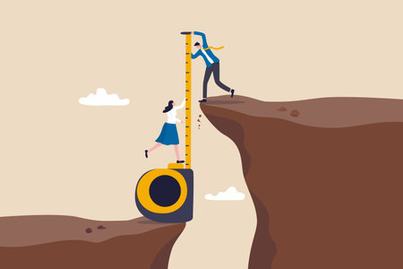 Gap analysis, measuring resources and strategy to reach target, comparison between current state, challenge and obstacle to overcome to success concept, business people measuring gap between cliff.のイラスト素材