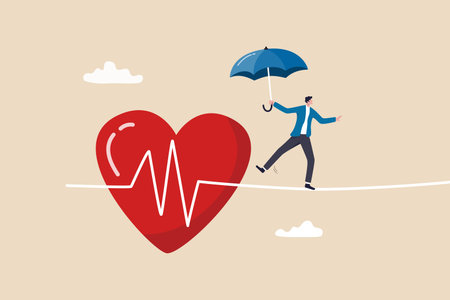 Health insurance, medical risk or healthcare protection, patient security or disease and illness care concept, strong man with umbrella protection walk on risky heart pulse rate as rope walking.のイラスト素材