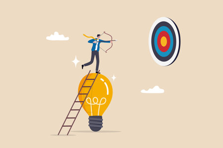 Idea to achieve target, strategy or planning to achieve goal, innovation to insight to reach target, solution or creativity concept, businessman climb up ladder on lightbulb idea to shoot at target.のイラスト素材