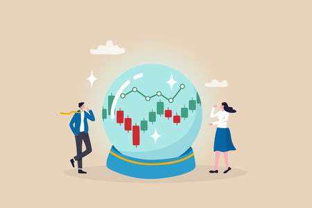 Forecast or prediction, investment opportunity, fortune teller to see stock market or economic direction, trend or business vision concept, business people look at magic sphere future market chart.のイラスト素材