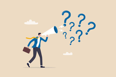 Ask questions to get answer for solving problem, ask for solution or curiosity, request explanation to solve issue or trouble concept, businessman ask questions on megaphone with lot of question mark.のイラスト素材