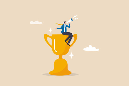 Success story to motivate people to develop and improve to achieve life success, telling story or inspire people, aspiration concept, businessman telling success story with megaphone on winner trophy.のイラスト素材