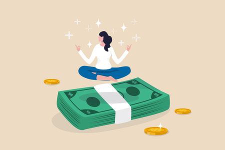 Financial wellbeing, money management, savings or investment, making money or wealth accumulate, income, salary or wages concept, success woman lotus meditating on pile of money banknotes and coin.のイラスト素材